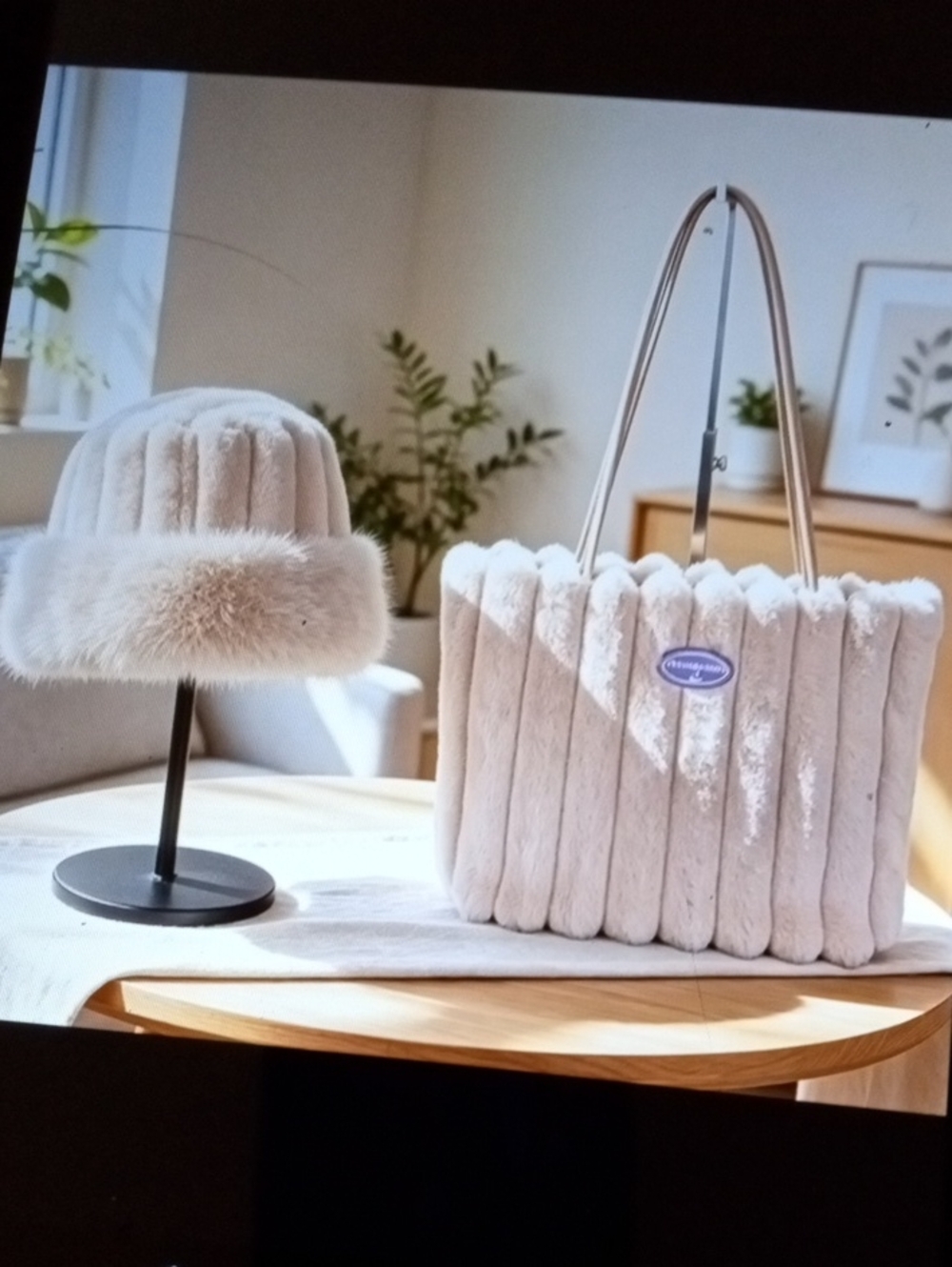 Faux Fur Cream Tote Bag with Double Handles & Hat